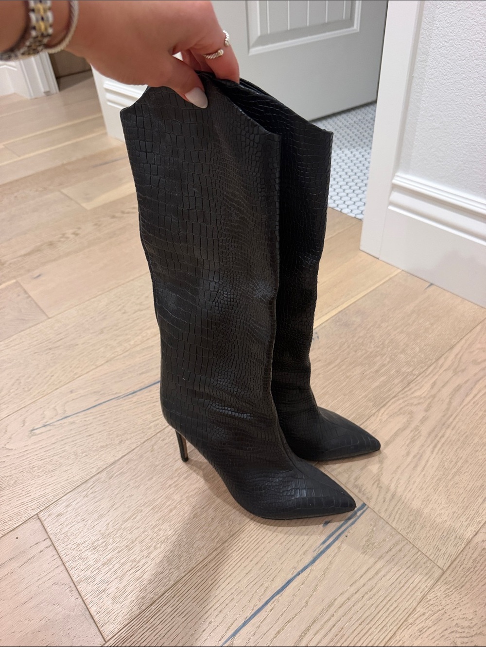 Pointed-Toe Black Croc-Embossed Knee-High Heeled Boots